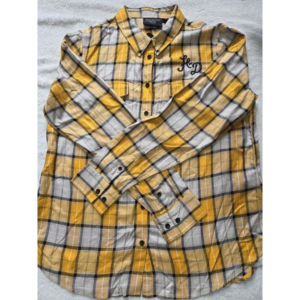 Harley-Davidson Women's XL Plaid Button Up Shirt Yellow Gray Flannel Embroidered - Picture 2 of 10